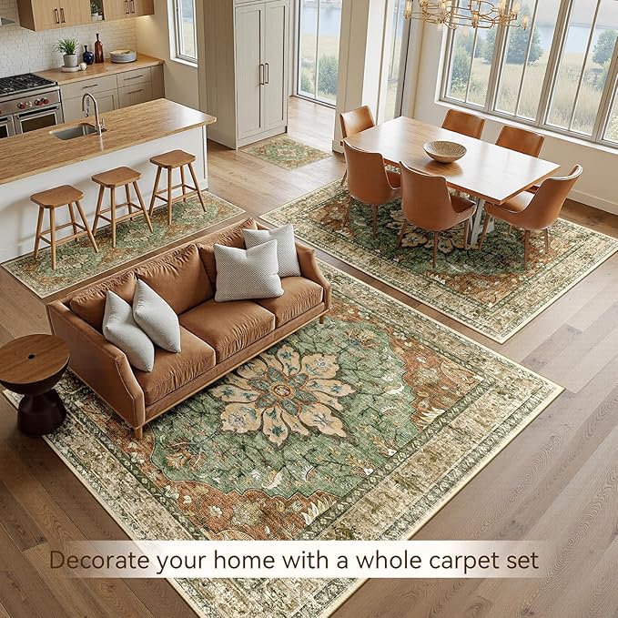 Area Rugs 2'x8' Runner Rug Non Slip Washable for Kitchen Hallway Bedroom Beside Laundry Room Bathroom Rug, Floor Carpet, Brick Red Rust Neutral Brown Burnt Orange Green