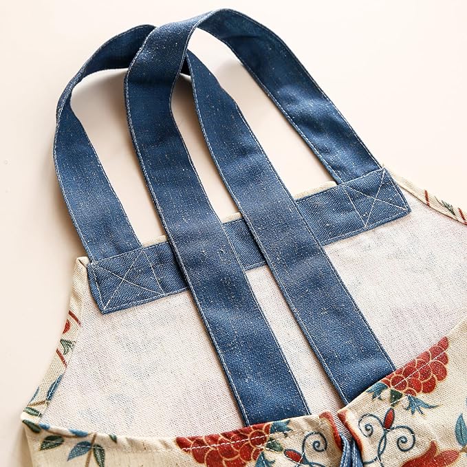 patdrea Blue Floral Linen Apron with Pocket,French Kitchen Garden Chef BBQ Aprons for Women and Men,Crisscross Back Straps