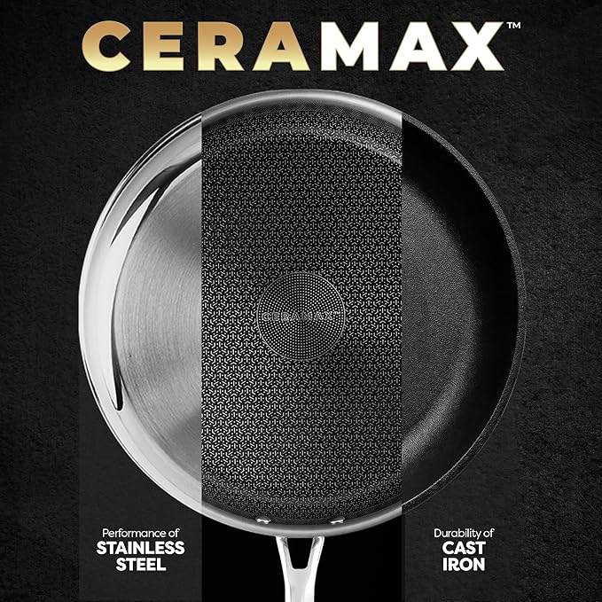 CERAMAX Gotham Steel Hybrid 3pc Stainless Steel Non Stick Frying Pans Set, 8,10,12 inch Ceramic Frying Pan Skillet Set, Induction Ready, Made without PFAS & PFOA, Oven and Dishwasher Safe - Black