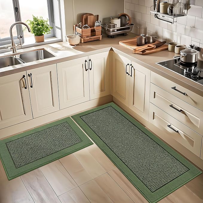 BEQHAUSE Kitchen Rugs and Mats Set of 2 Non-Slip Kitchen Mats for Floor, Absorbent and Stain Resistant Kitchen Runner, Machine Washable Rugs for Kitchen, Laundry & Sink, 24"x36"+24"x60", Green