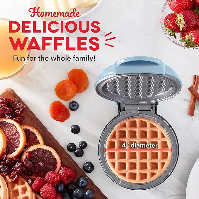 Dash Deluxe Mini Waffle Maker- Compact, Easy-to-Clean Breakfast Appliance - Convenient Cord Wrap - Cleaning Brush Included - 4-Inch - Dream Blue