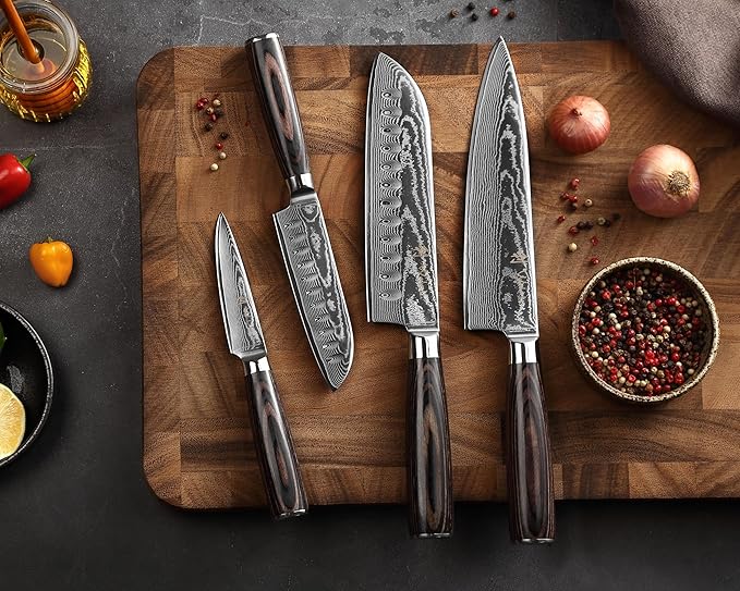 Wakoli EDIB Essentials 4-Piece Damascus Knife Set – Professional Kitchen Knives with VG10 Core, 67-Layer Damascus Steel Blades – Santoku, Chef, Small Santoku & Paring Knife with Pakkawood Handles