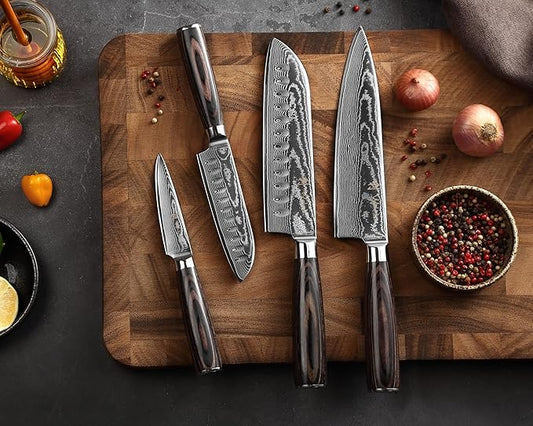 Wakoli EDIB Essentials 4-Piece Damascus Knife Set – Professional Kitchen Knives with VG10 Core, 67-Layer Damascus Steel Blades – Santoku, Chef, Small Santoku & Paring Knife with Pakkawood Handles