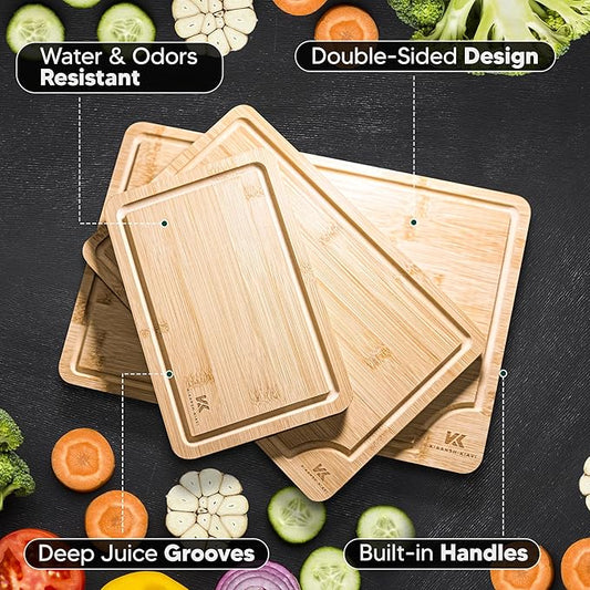 Kiaansh-Kiavi Wood Cutting Boards for Kitchen-Bamboo Cutting Board Set of 3, with Juice Grooves, Thick Chopping Board handles., Large, Natural
