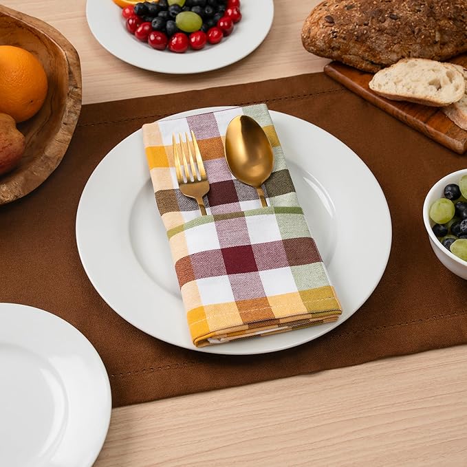 Blue Needles Buffalo Plaid Cloth Napkins - 100% Cotton Set of 12 Harvest Gingham Napkins 18x18 inches - Soft, Reusable, Washable, Ideal for Wedding Parties & Everyday Use - Harvest Checks
