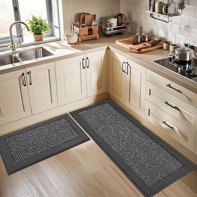 BEQHAUSE Kitchen Rugs and Mats Set of 2 Non-Slip Kitchen Mats for Floor, Absorbent and Stain Resistant Kitchen Runner, Machine Washable Rugs for Kitchen, Laundry & Sink, 24"x36"+24"x60", Charcoal