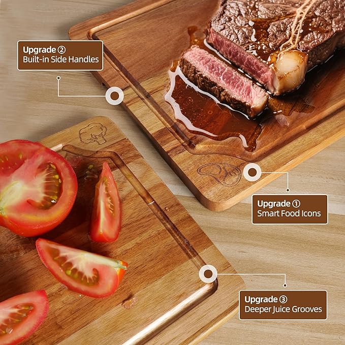 WILLKOMMEN Acacia Wood Cutting Boards Set for Kitchen, 4-Piece Chopping Board Set with Food Icon (Meat, Fish, Vegetables, Fruits) Wooden Butcher Block with Stands & Juice Groove (S,M,L,XL)