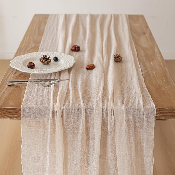 Keketoarrange Beige Cheesecloth Table Runner Gauze Rustic 120 Inch 10 FT for Wedding Baby Shower Bridal Shower Birthday Engagement Garden Party Long Sheer Boho Spring Easter Home Decorations