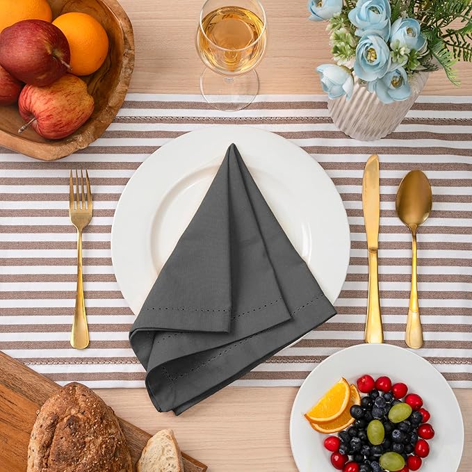 Blue Needles Set of 12 Hemstitch Linen Napkins 100% Cotton Grey Cloth Dinner Napkins 18x18 inches, Soft, Reusable, Absorbent, Washable, Ideal for Wedding Events, Parties & Everyday Use