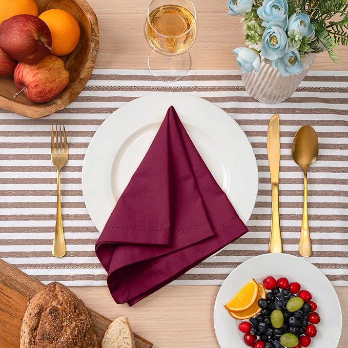 Blue Needles Set of 12 Hemstitch Linen Napkins 100% Cotton Burgundy Cloth Dinner Napkins 18x18 inches, Soft, Reusable, Absorbent, Washable, Ideal for Wedding Events, Parties & Everyday Use