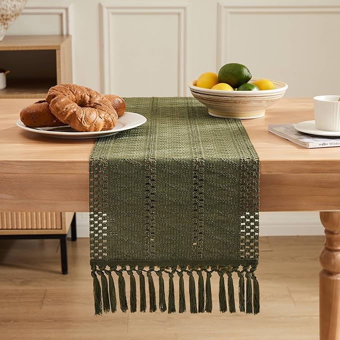 ZeeMart Macrame Style Boho Table Runner, Moss Green Table Runners 108 Inches Long, Farmhouse Woven Home Decor, 12x108 Inch, Moss