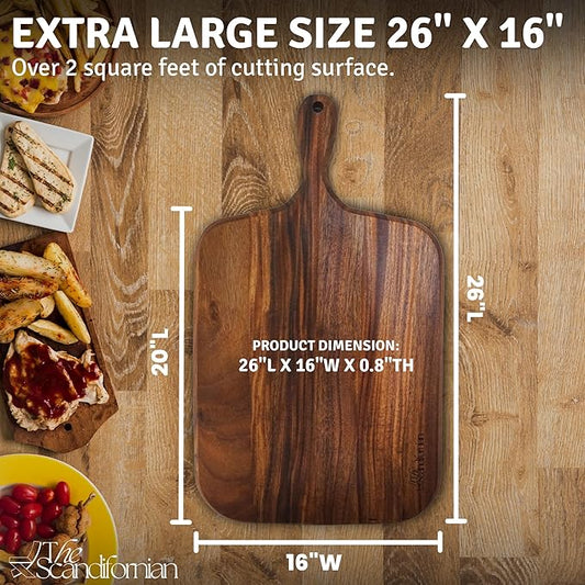 Walnut Wood Cutting Board | Jumbo Extra Large Size 26" x 16", Paddle Shape with Handle | Premium Elegant Handcrafted Walnut Cutting Board | Perfect for Entertaining