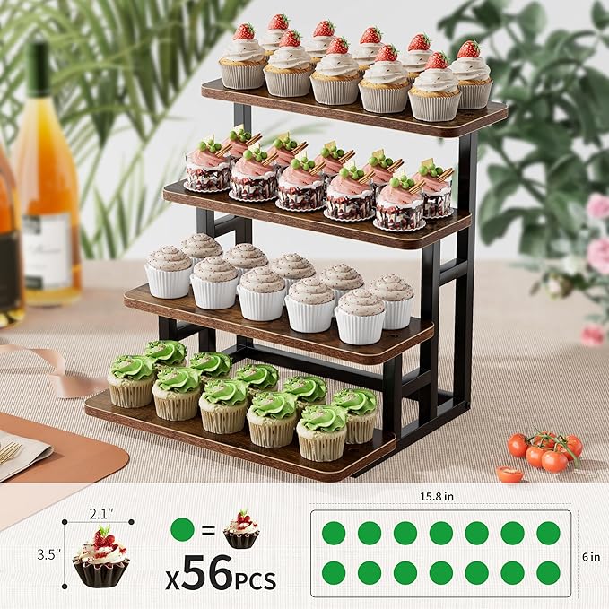 ZUJJAFY Cupcake Stand, Tiered Tray Stand for 50 Cupcakes, 4 Tier Dessert Stands with Metal Frame, Wooden Risers Display Stands for Vendor Events, Party
