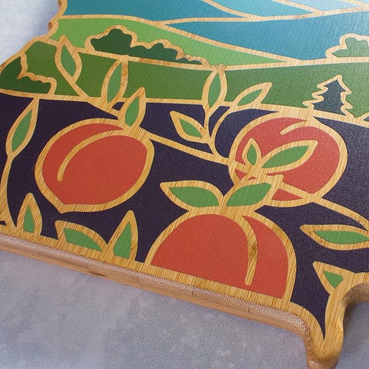 Totally Bamboo Georgia State Shaped Cutting Board and Charcuterie Serving Platter with Artwork by Summer Stokes, Includes Hang Tie for Wall Display 11-3/4" x 13-1/4" x 5/8"
