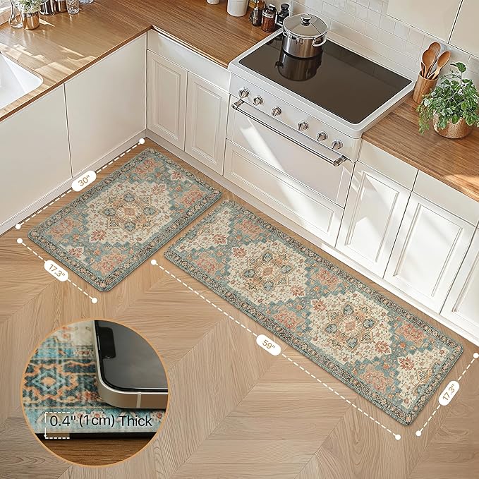 GENIMO Kitchen Mats for Floor 2PCs, Washable Anti Fatigue Mat for Cushioned, 17.3"x59"+17.3"x30", Waterproof Kitchen Rugs, Non Slip Comfort Standing Mat Rug for Home, Laundry, Lake Blue