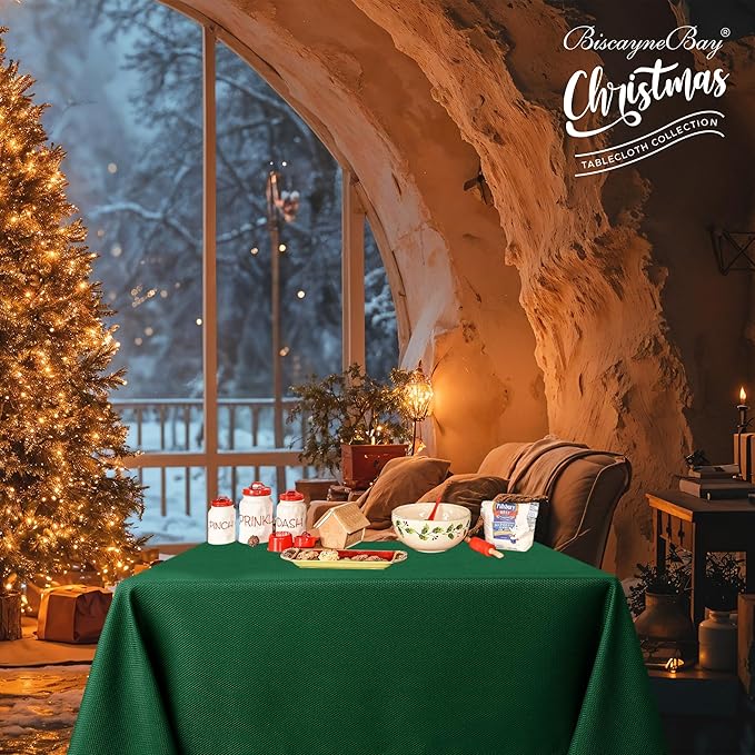 Biscaynebay Textured Fabric Christmas Square Table Cloth 60x60 Inch, Hunter Green Water Resistant Spill Proof Tablecloths for Dining, Kitchen, Wedding and Parties etc. Machine Washable