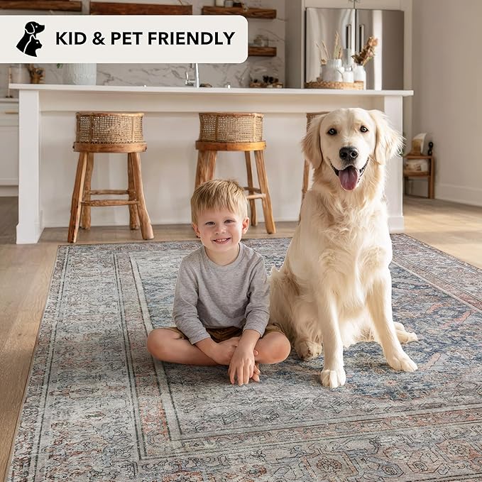 Kuden 3x5 Small Rug, Machine Washable, Non-Slip Backing, Vintage Style, Soft, Low Pile, Area Rugs for Entryway Kitchen Indoor Entrance