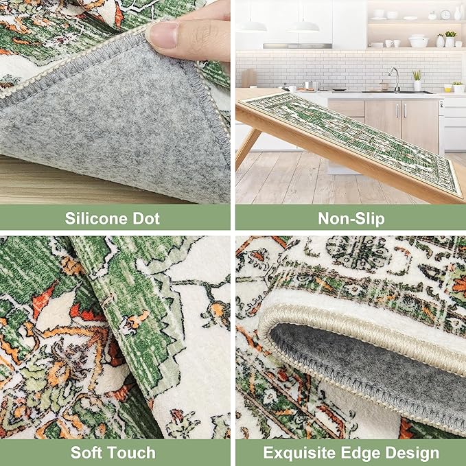 Tritard Non Slip Kitchen Rugs Sets of 3 Washable Kitchen Rug Boho Kitchen Mats for Floor Soft Kitchen Runner Rug Non Skid Kitchen Floor Carpet for Entryway Hallway Laundry Room, Green
