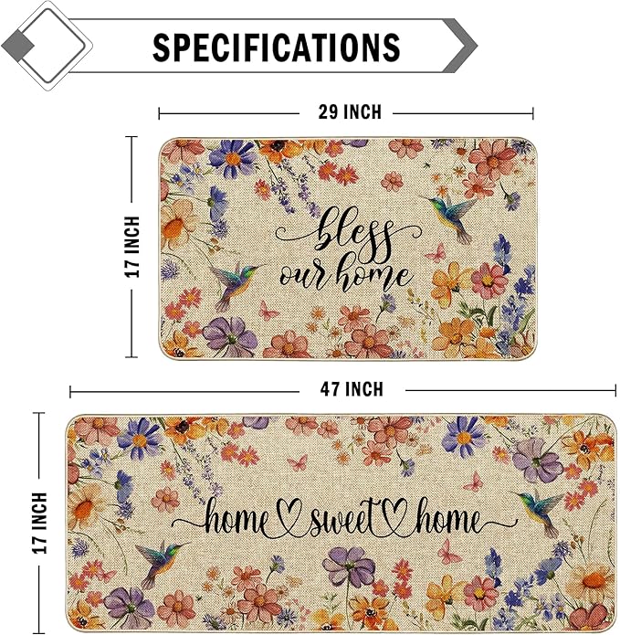 Flower Spring Kitchen Mats for Floor Set of 2, Wildflower Summer Floor Mats, Non Slip Rubber Backing Kitchen Floor Mat and Rug Set for Kitchen Sink, Office, Laundry