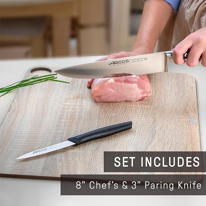 Arcos 2-Piece Precision Knife Set - Ultra-Sharp 8-Inch Chef's Knife & 3-Inch Paring Knife, Spanish Engineered with Over 290 Years of Expertise, Ergonomic Black POM Handle, 10-Year Warranty
