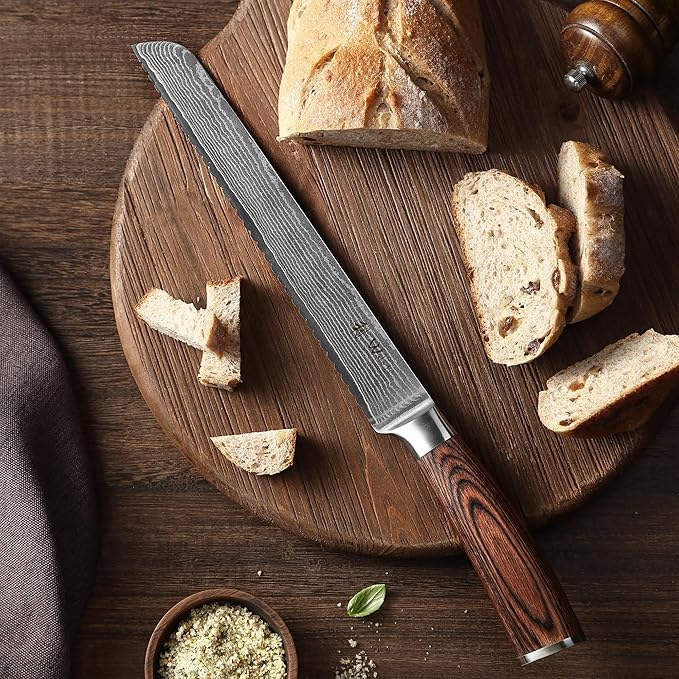 Wakoli EDIB Damascus Bread Knife – 9.1-Inch Long Serrated Blade with VG10 Core, Professional Kitchen Knife made of 67-Layer Damascus Steel & Ergonomic Pakkawood Handle in Premium Gift Box
