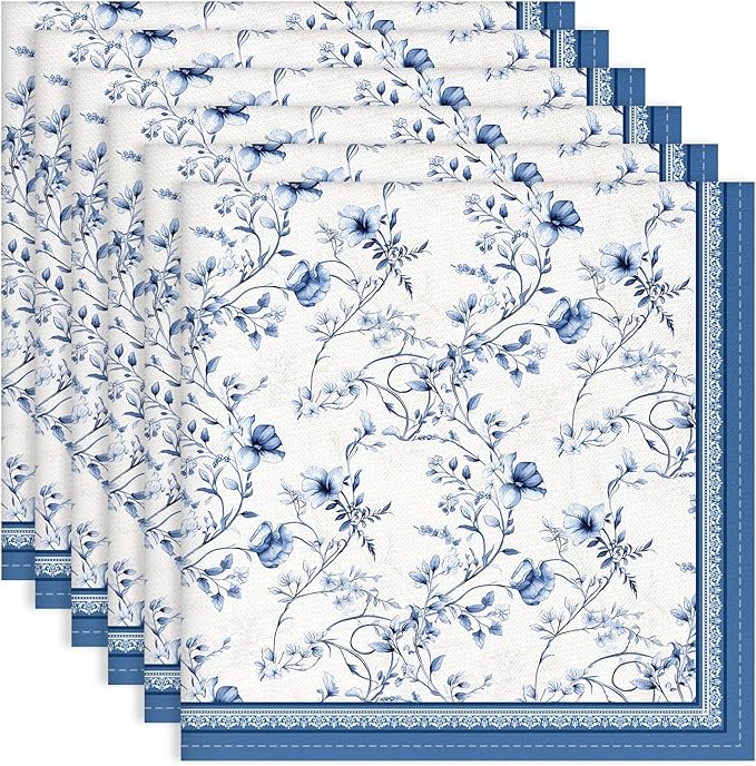 Blue Rose Watercolor Floral Print Cloth Napkins 100% Cotton, 18" X 18" Dinner Napkins Cloth Set, Washable Napkins for Home, Kitchen, Dinner, Party, Wedding, Cocktail, Set of 6