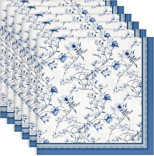 Blue Rose Watercolor Floral Print Cloth Napkins 100% Cotton, 18" X 18" Dinner Napkins Cloth Set, Washable Napkins for Home, Kitchen, Dinner, Party, Wedding, Cocktail, Set of 6