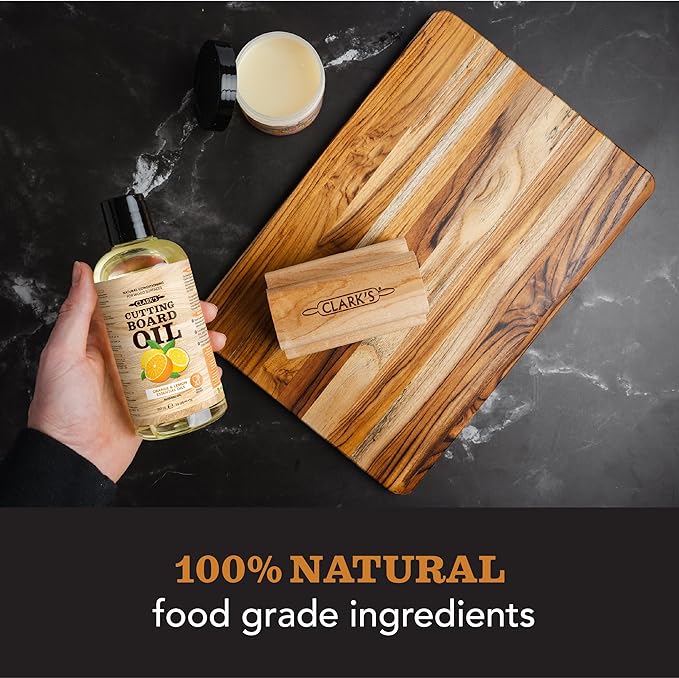 CLARK'S Cutting Board Oil - Food Grade Mineral Oil for Cutting Board - Enriched with Lemon and Orange Oils - Butcher Block Oil and Conditioner - Mineral Oil - Restores and Protects All Wood - 12oz