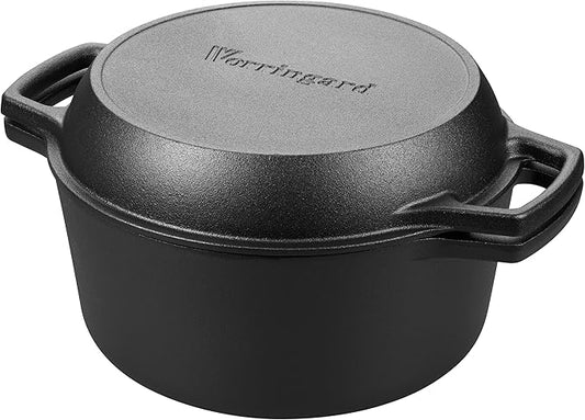VORRINGARD Pre-seasoned Cast Iron Double Dutch Oven Pot with Skillet Lid, Dual-handle, for Bread Baking, Outdoor, Campfire Cooking, 5 Quart