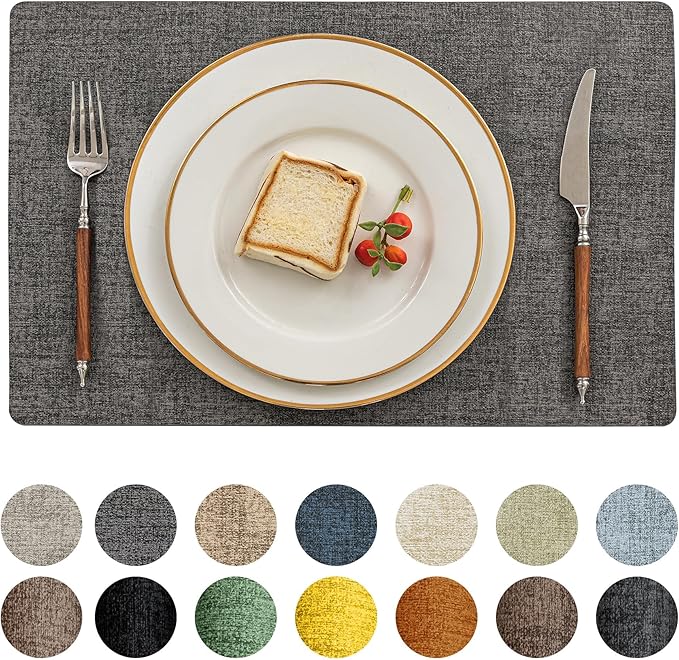Romanstile Vinyl Placemats Set of 6-12 X 17 Inch - Heat Resistant Place Mats 100% Waterproof Oilproof Wipeable Reversible Faux Leather Table Mats for Kitchen, Dining, Party, Outdoor, Dark Grey