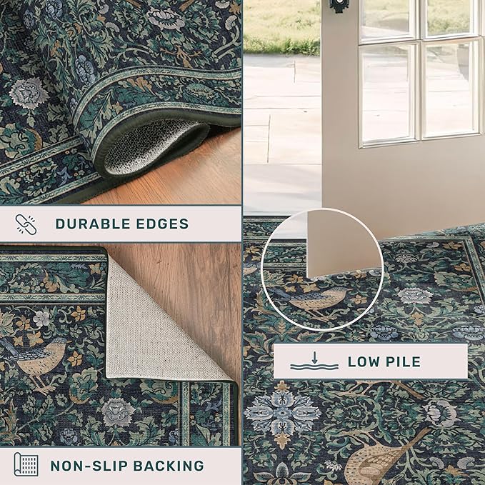 Washable 2x10 Extra Long Runner Rugs for Hallyway - Blue and Green Low Plie Indoor Rugs for Entryway, Floral Non Skid Waterproof Kitchen Floor Mats, Nature Leaf & Bird Décor