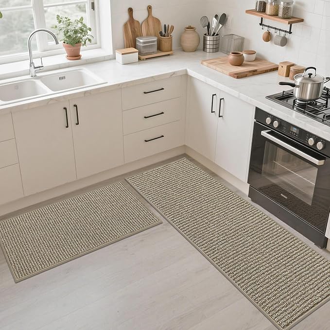 JSEI Kitchen Runner Rugs, 17''x71'' Non-Slip Kitchen Mats for Floor, Machine Washable Absorbent and Stain Resistant Kitchen Rug, Carpet Mats with TPR Backing for Kitchen, Beige