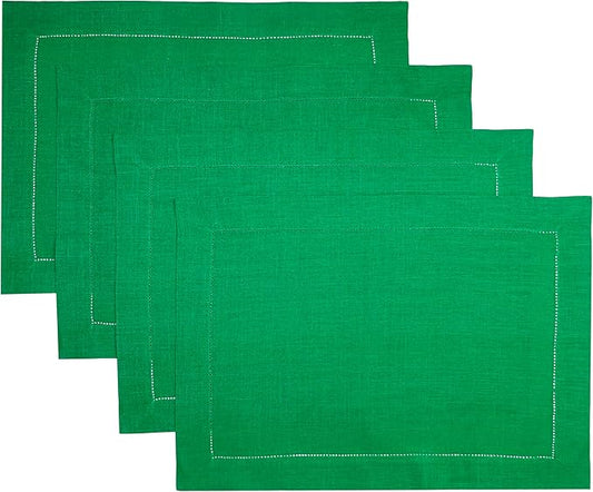 D'Moksha Homes Linen Placemats Set of 4 - Classic Hemstitch Kelly Green Placemats 14 x 19 Inch - 100% Pure Linen Table Mats for St Patricks Day, Easter - Handcrafted and Machine Washable