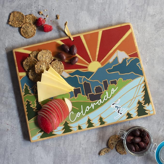 Totally Bamboo Colorado State Shaped Cutting Board and Charcuterie Serving Platter with Artwork by Summer Stokes, Includes Hang Tie for Wall Display 14-1/2" x 10-3/4" x 5/8"