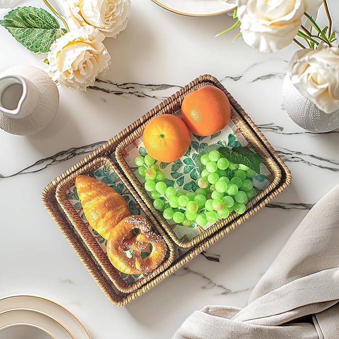 Set of 3 Rectangle Rattan Serving Trays with Mother of Pearl Inlay – Hand-Woven Wicker Trays for Coffee Table, Bathroom, Kitchen Counter or Entryway, Boho Coastal Decor, Green Leaves Design