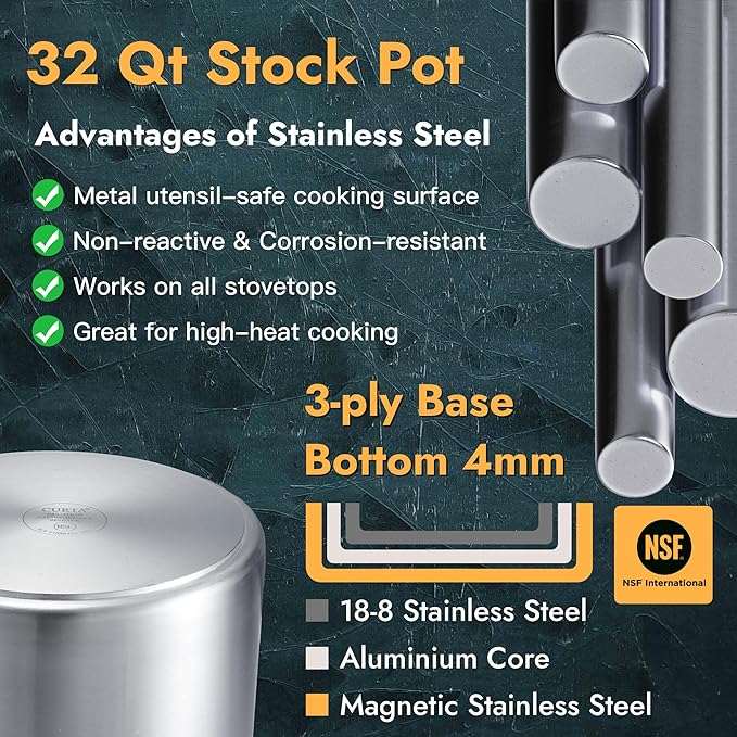 CURTA 32 Quart Large Stock Pot with Lid, NSF Listed, Induction Ready, 3-Ply Clad Base, 18/8 Stainless Steel Heavy Duty Cooking Pot, Commercial Cookware for Soup, Stew & Sauce, Riveted Silicone Handle