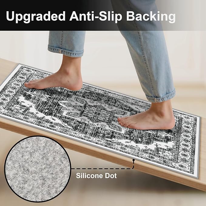 Tritard Non Slip Kitchen Rugs Sets of 3 Washable Kitchen Rug Boho Kitchen Mats for Floor Soft Kitchen Runner Rug Non Skid Kitchen Floor Carpet for Entryway Hallway Laundry Room, Black Grey