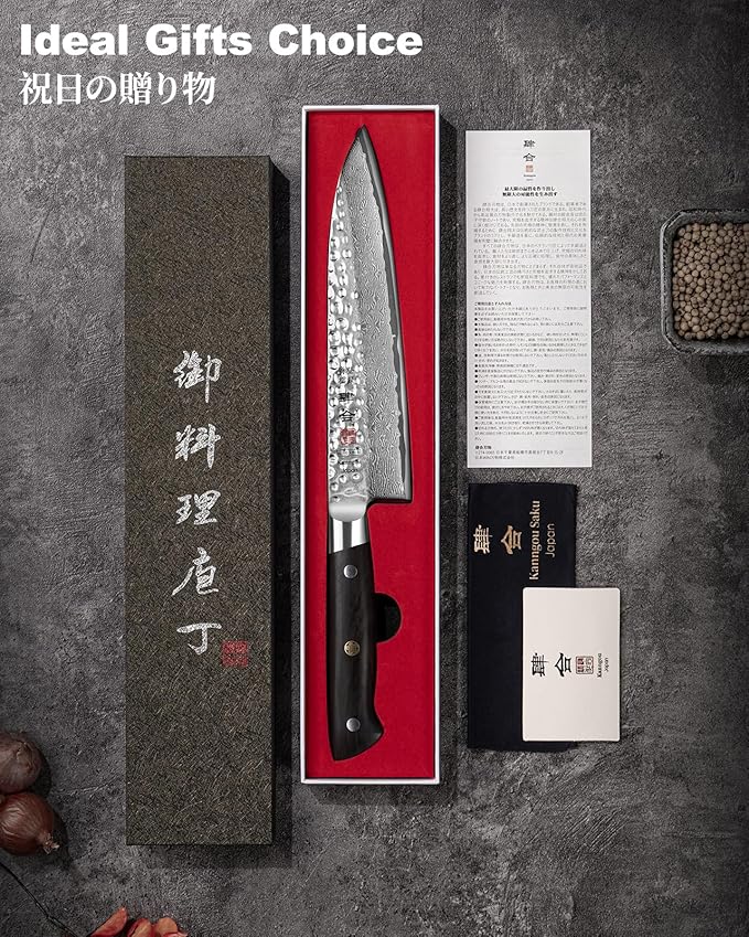 Japanese Chef Knife 8.27 Inch Kitchen Knife with 67 Layers Damascus Steel AUS-10 Core, Professional chefs Knife with Full-Tang Ebony Wood Handle and Premium Gift Box(Hammered Damascus Series)