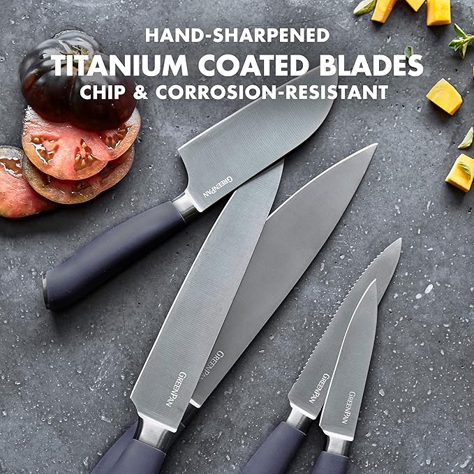 GreenPan Titanium Ultimate 16-Piece Knife Block Set, Titanium Coated, Stainless Steel, Eco-friendly, Ergonomic Grip, Slip Resistant, Balanced, Heat Treated, Hand Sharpened, Dishwasher Safe