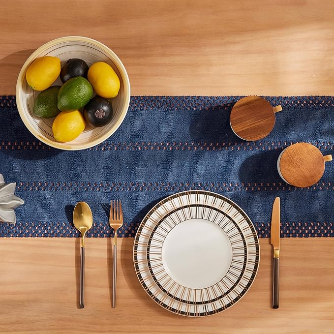 ZeeMart Macrame Style Boho Table Runner, Navy Table Runners 108 Inches Long, Farmhouse Woven Home Decor, 12x108 Inch, Navy Blue
