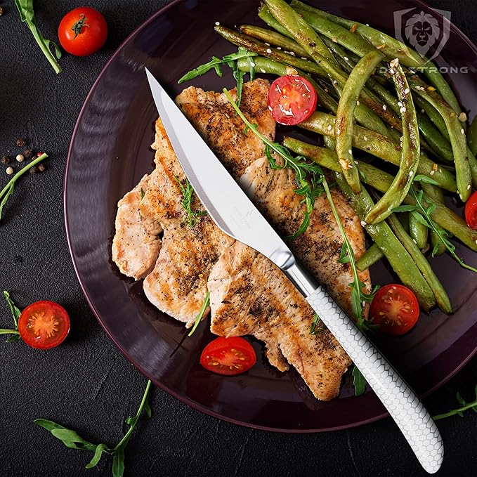 Dalstrong Steak Knife Set - 4 Piece - 4.5 inch Serrated Blade - Frost Fire Series - High Chromium Steel Kitchen Knife- Frosted Sandblast - White Honeycomb Handle - NSF Certified