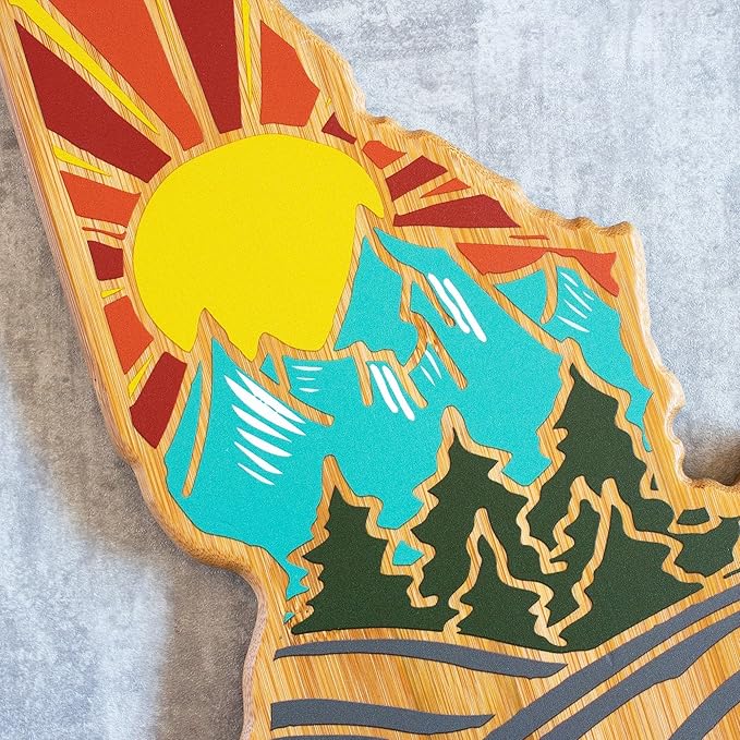 Totally Bamboo Idaho State Shaped Cutting Board and Charcuterie Serving Platter with Artwork by Summer Stokes, Includes Hang Tie for Wall Display Varies