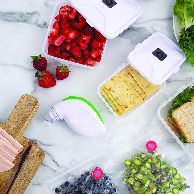 NESCO Handheld Vacuum Sealer Kit, Includes 4 Canisters, 5 Reusable Gallon Zipper Bags, Freezer, Dishwasher, Sous Vide Safe Bags, Great for Meal Prep & Food Storage – Rechargeable with Charging Base