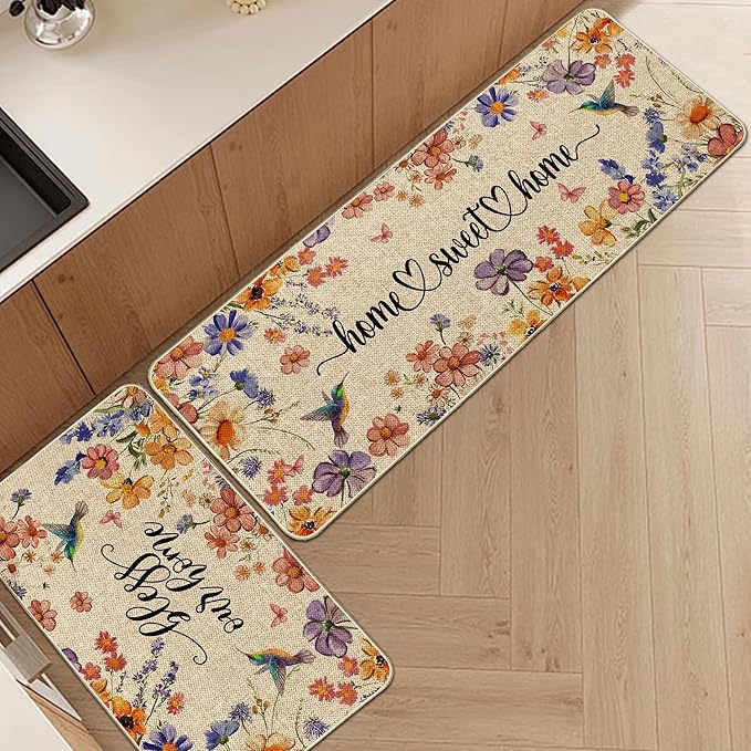 Flower Spring Kitchen Mats for Floor Set of 2, Wildflower Summer Floor Mats, Non Slip Rubber Backing Kitchen Floor Mat and Rug Set for Kitchen Sink, Office, Laundry