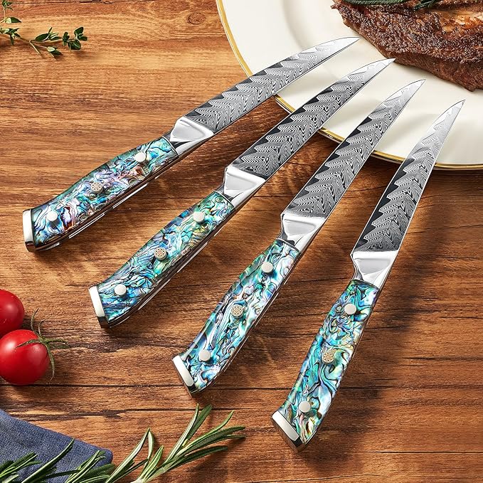 SENKEN 4-Piece Damascus Steak Knife Set, Non-Serrated Blades, Real Abalone Shell Handle, "Umi" Collection Japanese Straight-Edge Steak Knives, Japanese VG10 Steel 67-Layer Damascus