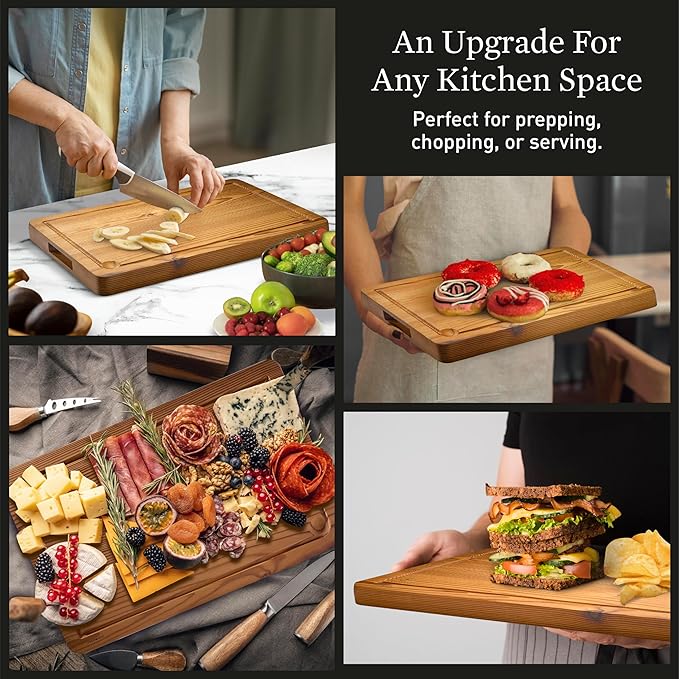 Cutting Board for Kitchen – Wood Cutting Board, Non-Toxic Butcher Block, Cutting Boards with Juice Groove & Handles, Charcuterie Board – 11" x 17" x 1.75" (Pyrowood)