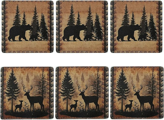 Marble Coasters Square Leather Drinks Coaster Set with Holder for Coffee Table Bar Home Decor 4 Inches Set of 6 (Forest Animals, One Size)
