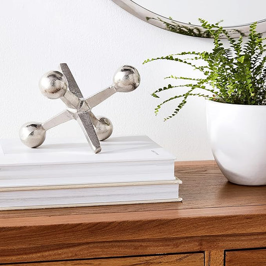 Silver Metal Jacks Decorative Object – Abstract Sculpture Modern Home Decor Ornament – Shelf Styling & Coffee Table Decor for Bathroom, Office & Living Room – 7" x 5"