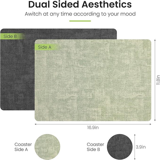Placemats Set of 4, Faux Leather Heat Resistant Wipeable Placemats, Dual Sided Waterproof Washable Table Mats with Coaster, Suitable for Kitchen, Dining, Table Decor (4, Black Light Green)