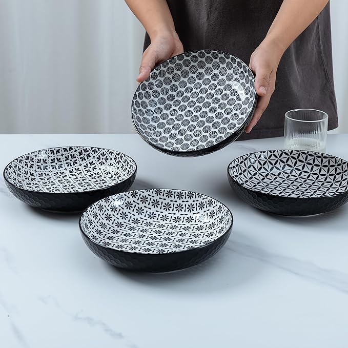 LEHAHA Ceramic Pasta Bowls Set of 4, 8.25" Large Porcelain Salad Bowls Soup Bowl for Serving Soup, Pasta, Noodle, Dinner, Large Kitchen Bowl Plates, Microwave & Dishwasher Safe,Black